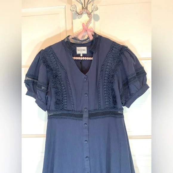 Navy Blue Lace Trim Dress - Picture 10 of 15